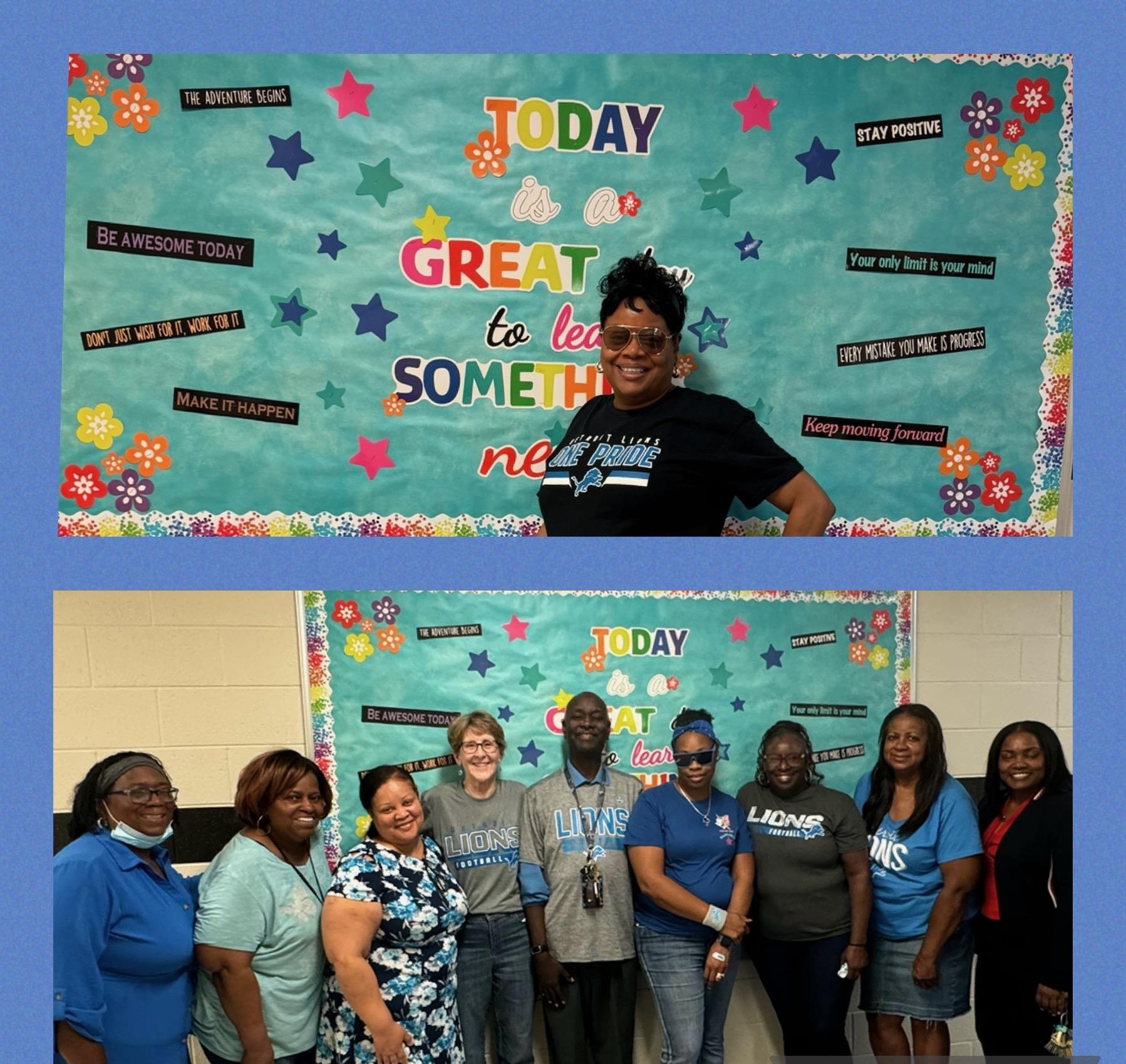  staff wearing blue or Lions gear
